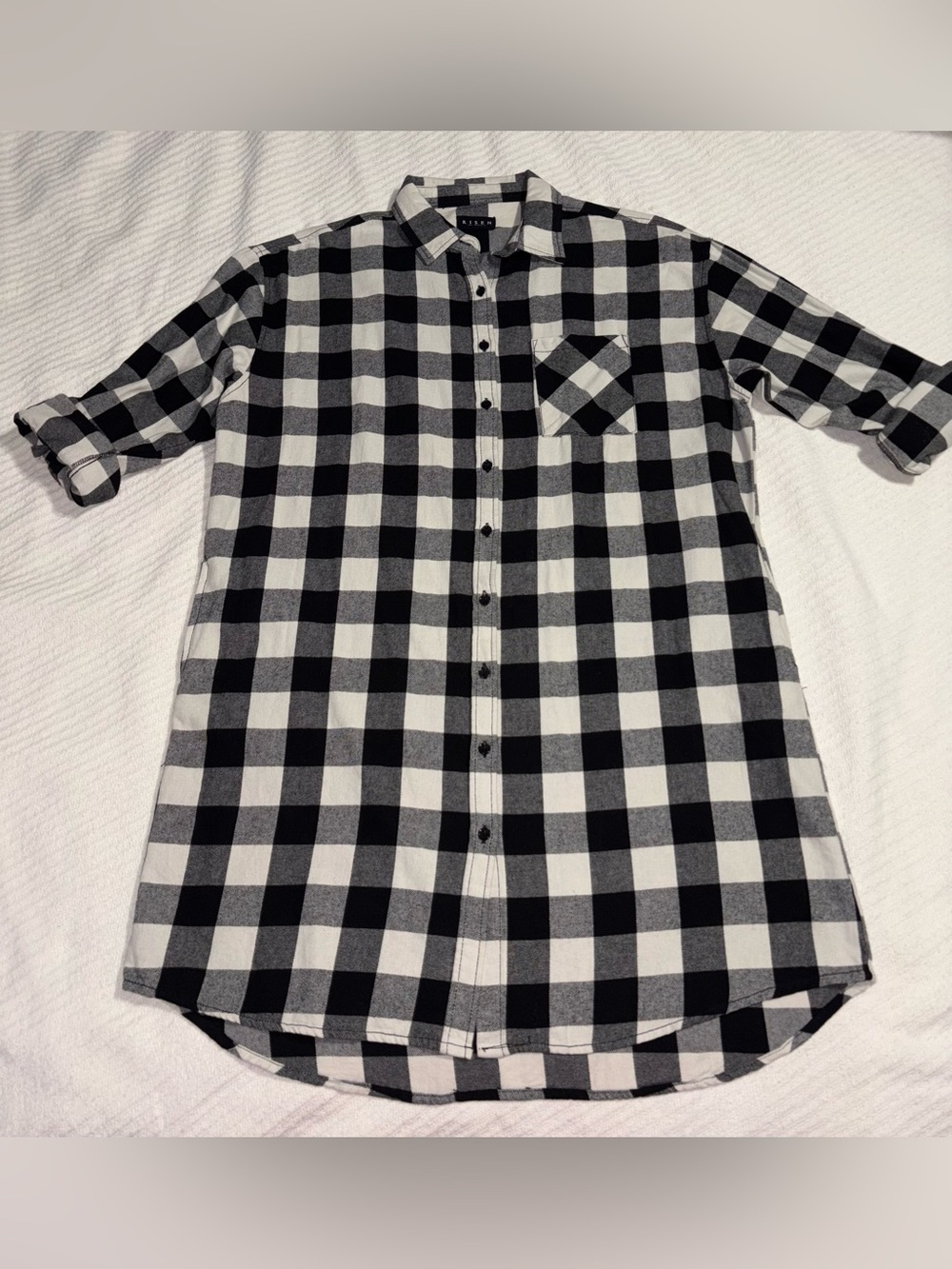 Risen LA Black & White Buffalo Plaid Button-Front Cabincore Cozy Shirt Dress S